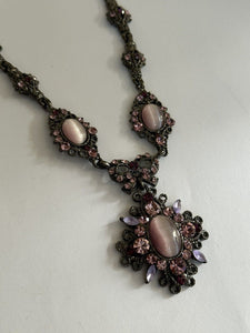 Vintage Pink Purple Satin Bead Diamanté Necklace
