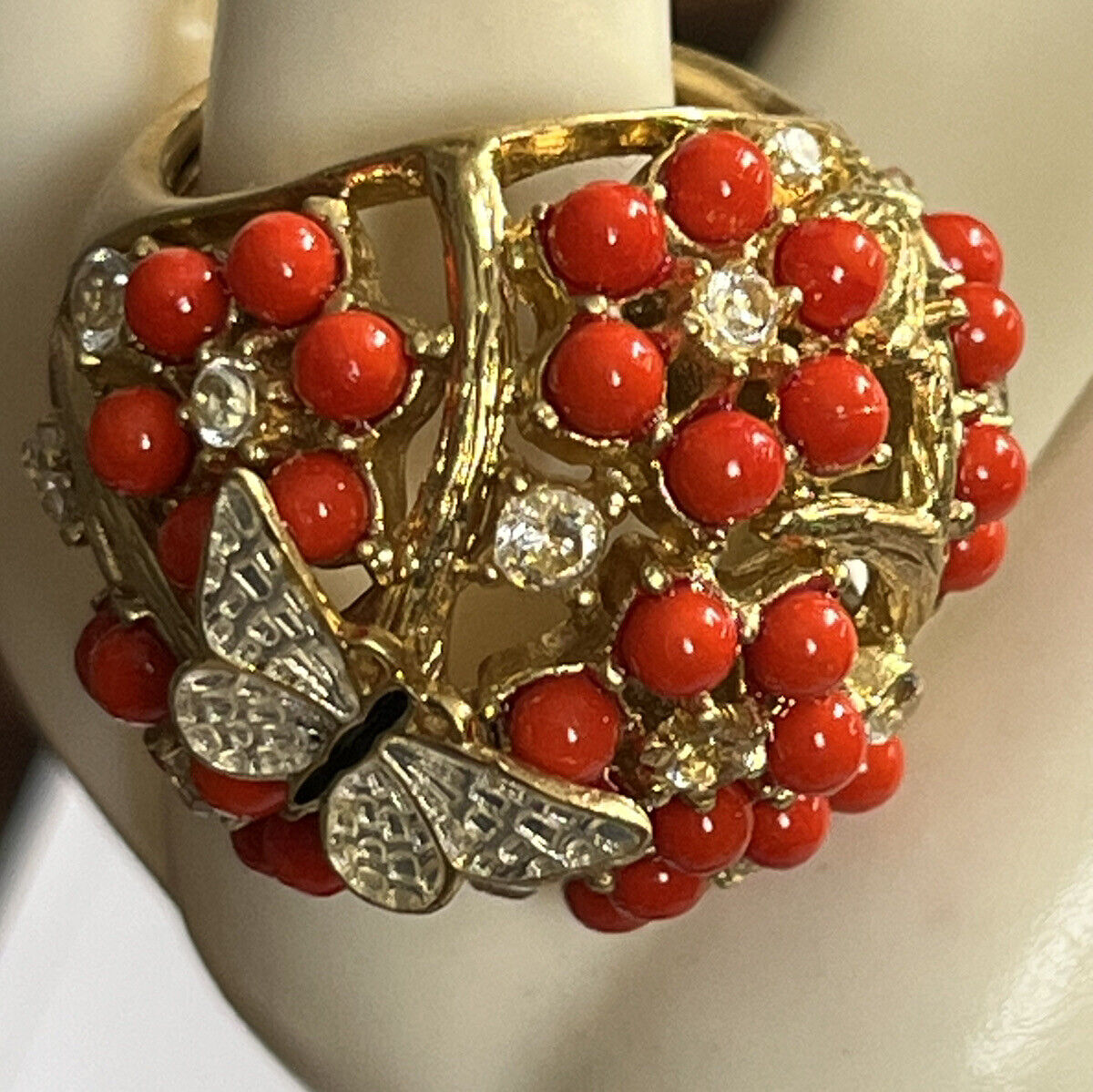 Vintage Gold Tone Orange Bead Diamanté Butterfly Statement Ring