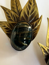 Vintage Statement Signed Gold Tone Leaves Cabochon Clip On Earrings