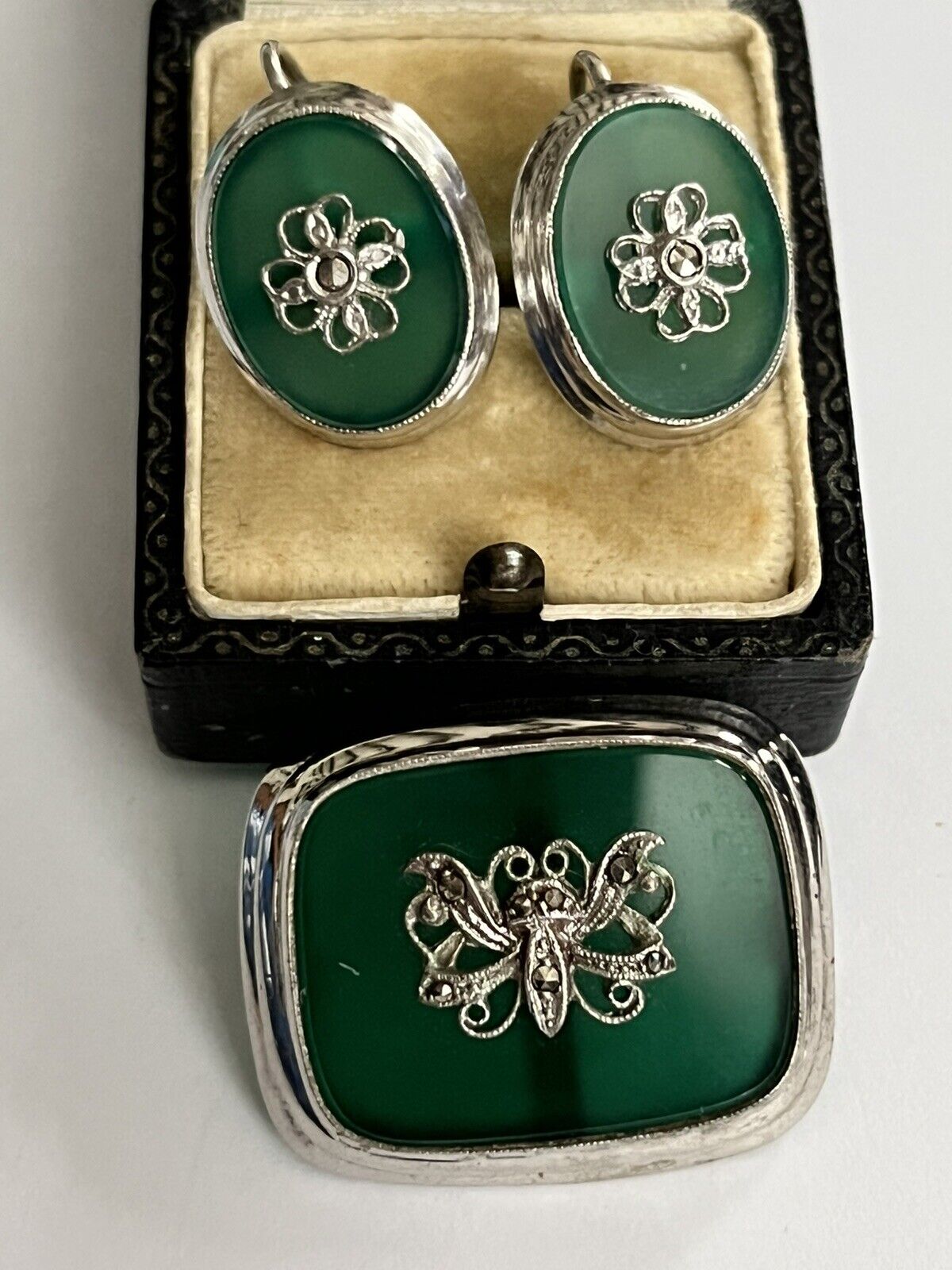 Vintage Silver 925 Green Onyx Marcasite Brooch And Screwback Earring Set