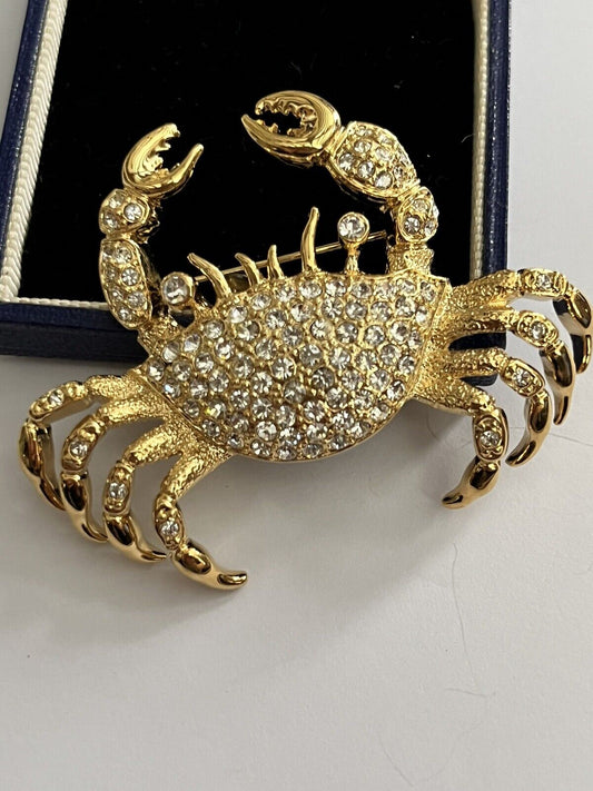 Vintage Gold Tone Diamanté Crab Statement Brooch