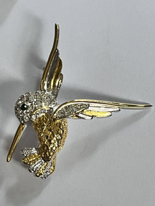 Vintage Silver Gold Tone Diamanté Hummingbird Brooch