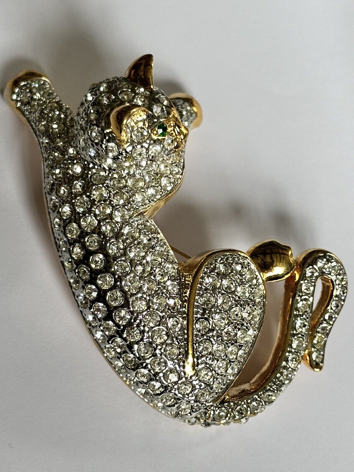 Vintage Runway Gold Tone Large Diamanté Cat Brooch