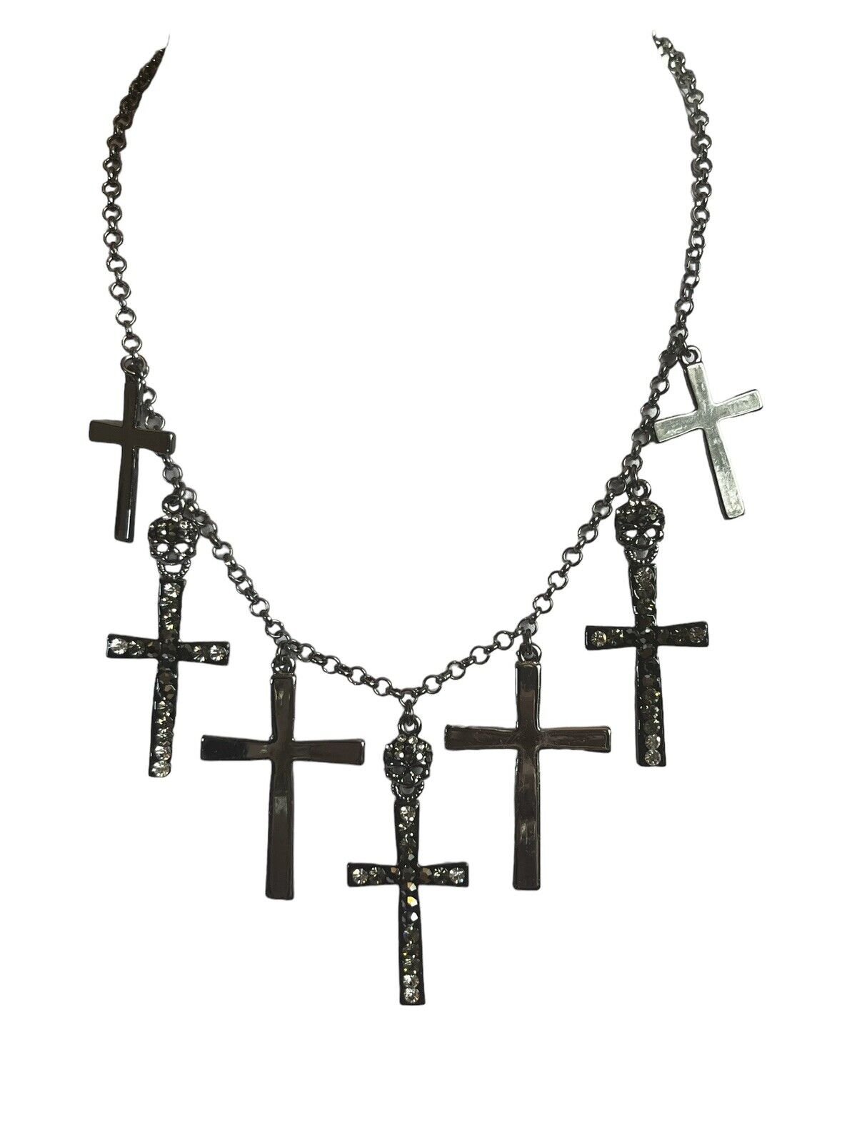 Butler And Wilson Gunmetal Diamanté Crucifix Skulls Statement Necklace