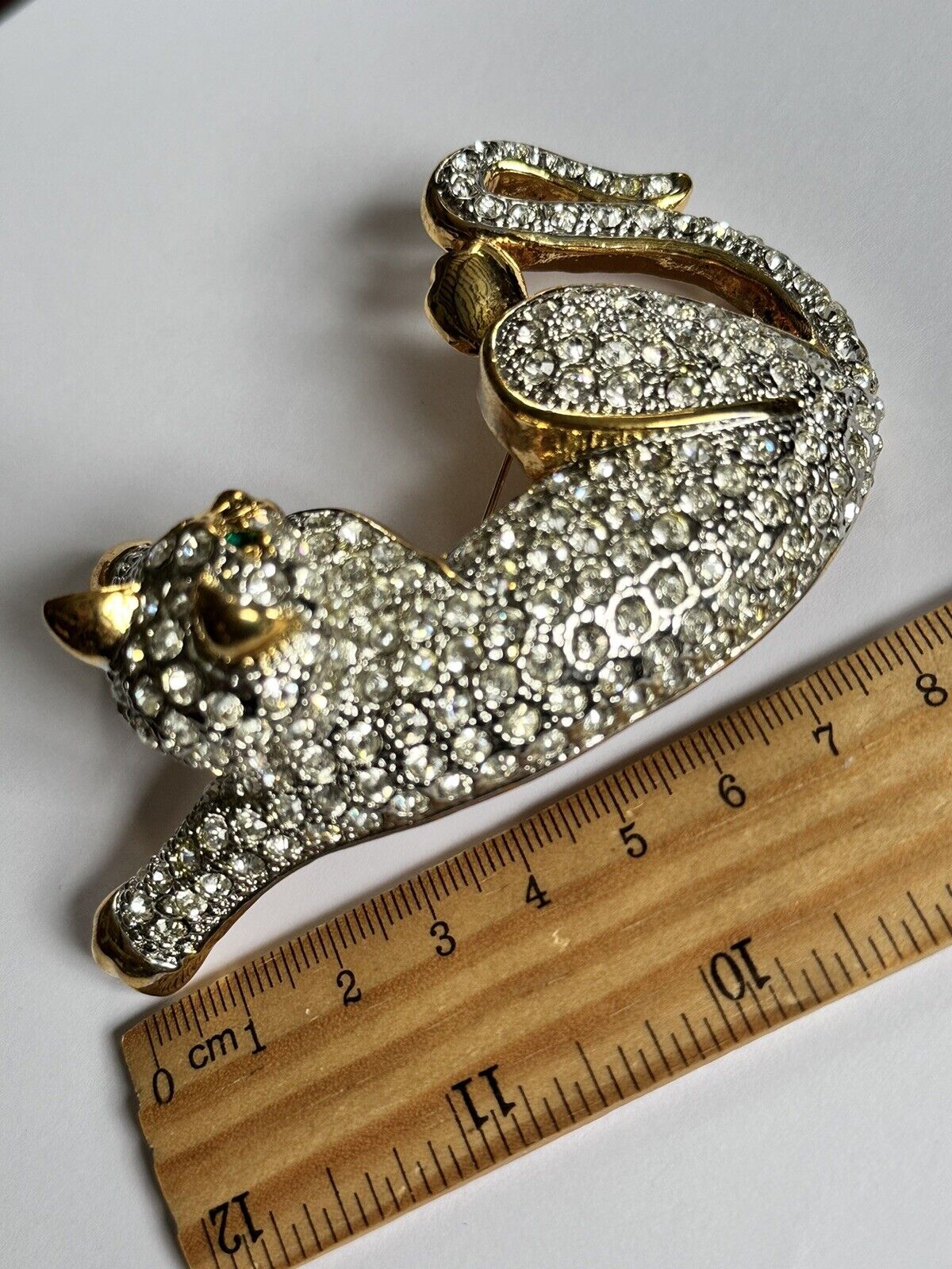 Vintage Runway Gold Tone Large Diamanté Cat Brooch
