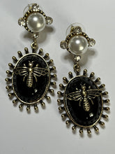 Vintage Statement Black Enamel Faux Pearl Bug Earrings