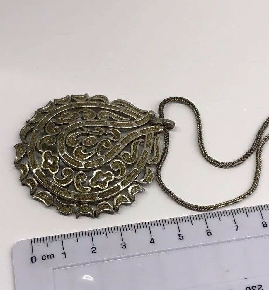 Vintage Crown Trifari Cut Out Metal Silver Tone Pendant Necklace