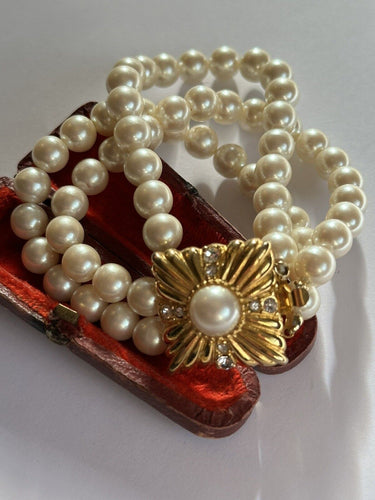 Vintage Gold Plated Faux Pearl Bracelet Statement Diamanté Clasp