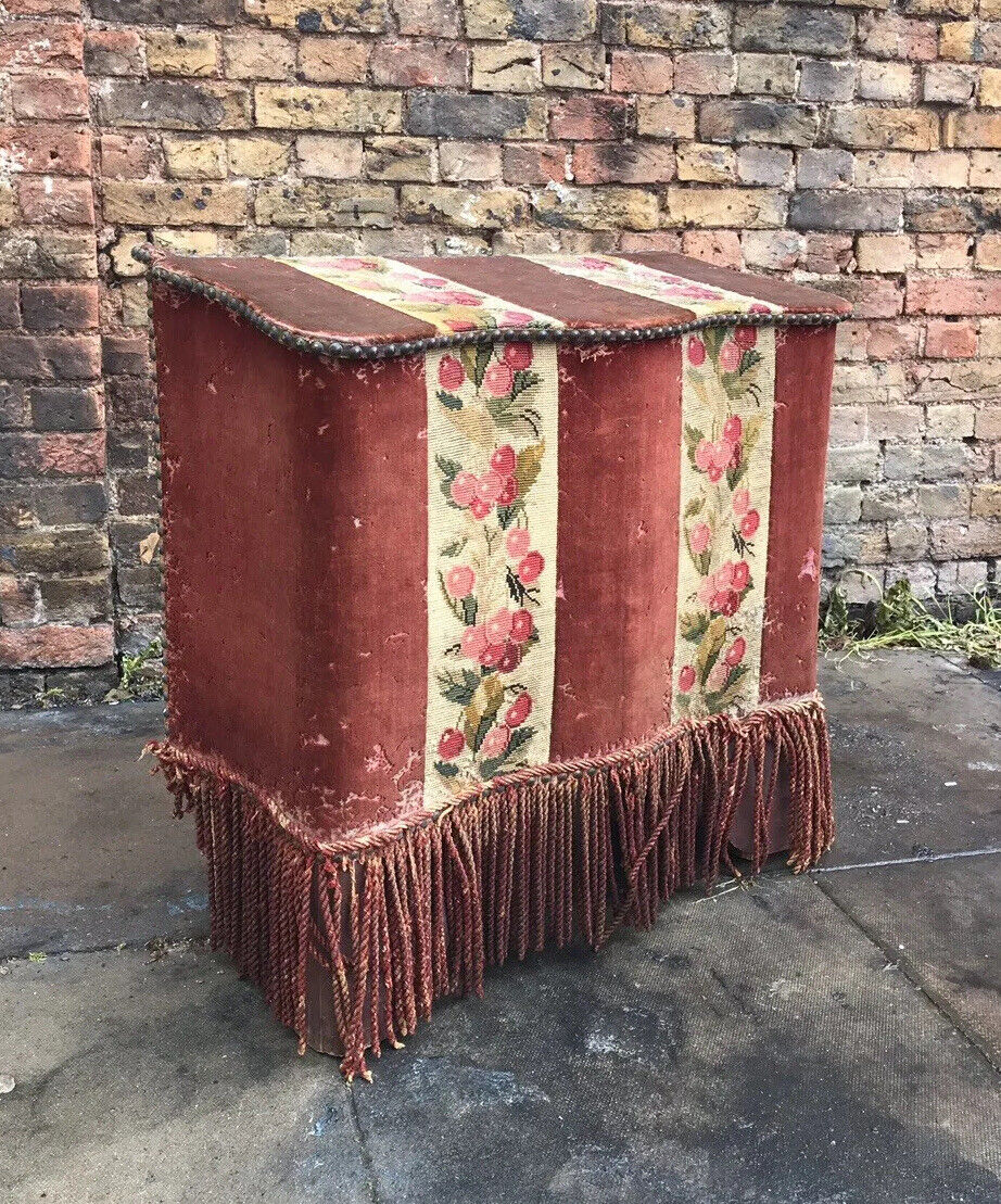 Antique Fireside Log Storage With Original Upholstered Decoration