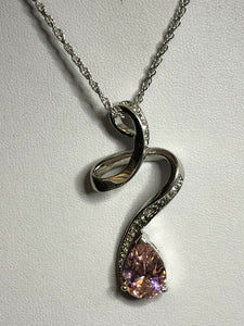 Vintage 1980s Rhodium Plated Pink Teardrop Crystal Necklace New Old Stock