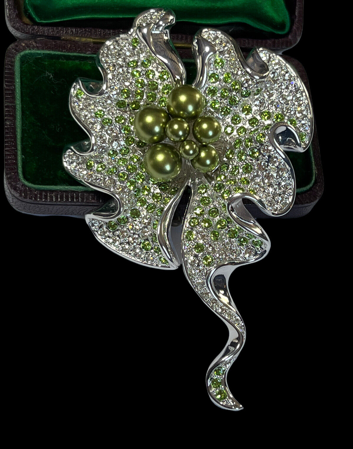 Vintage Statement Flower Rhodium Plated Green Faux Pearl And Diamanté Brooch