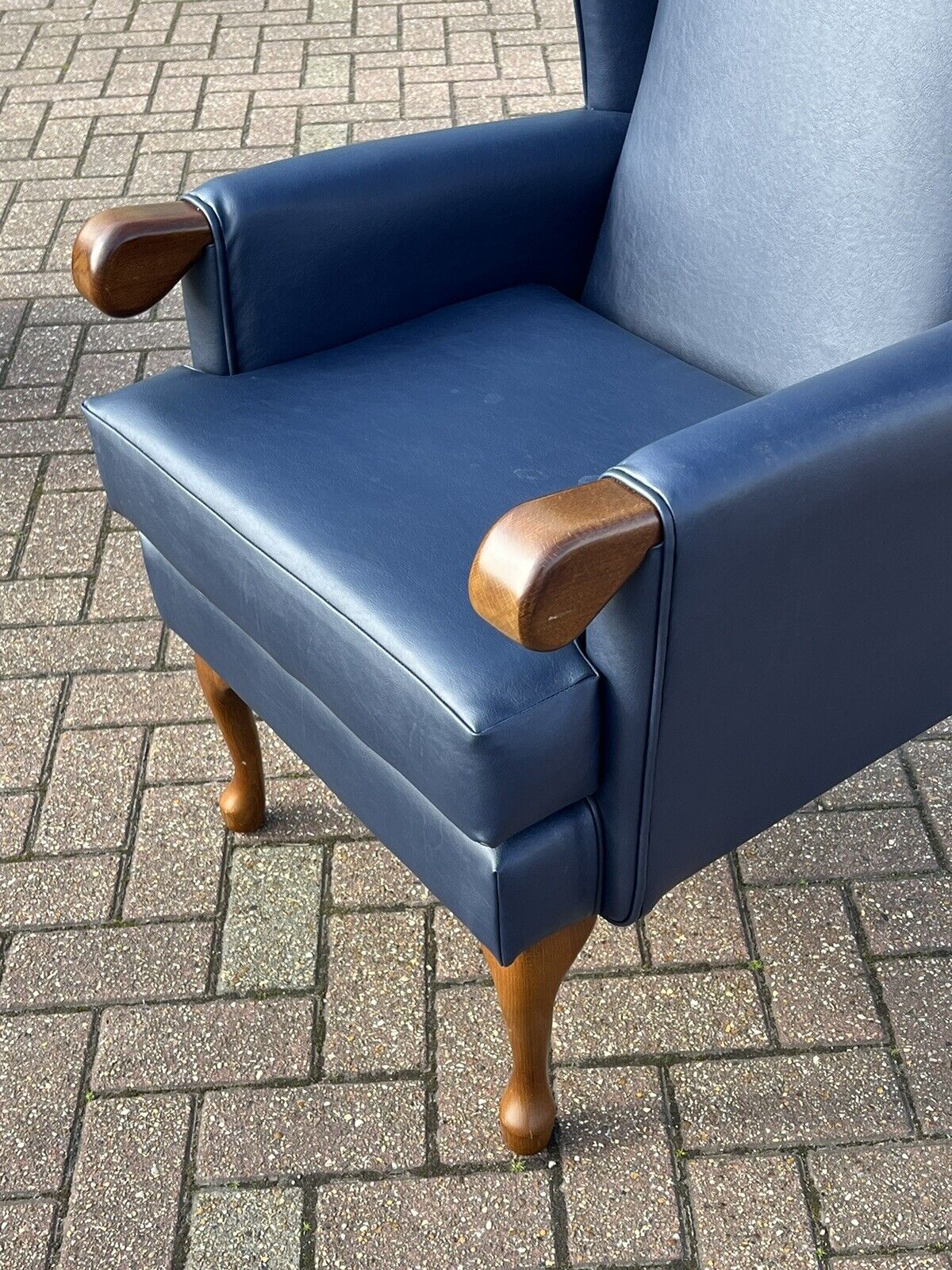 Blue Leather Armchair & Matching Foot Stool.