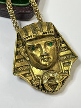 Vintage Gold Tone Green Diamanté Egyptian Pharaoh Pendant Necklace