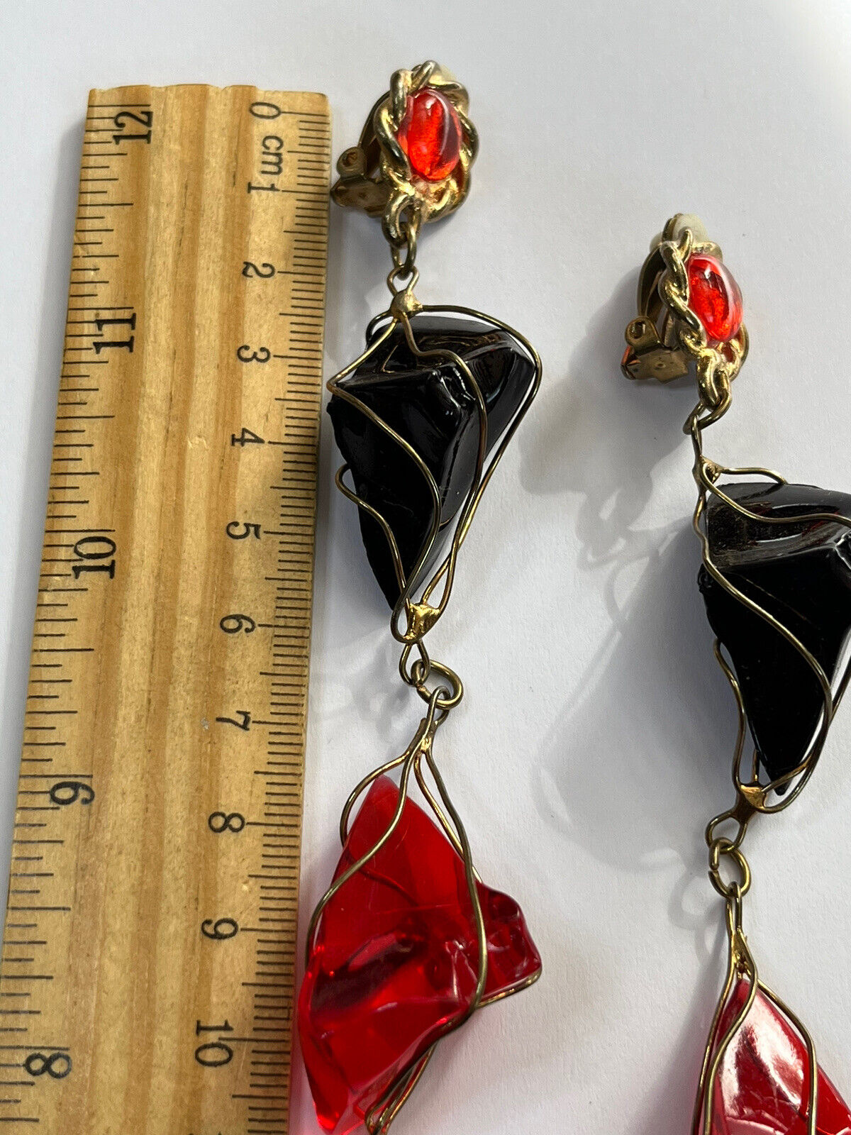 Vintage 1980s Black Red Acrylic Long Length Statement Earrings
