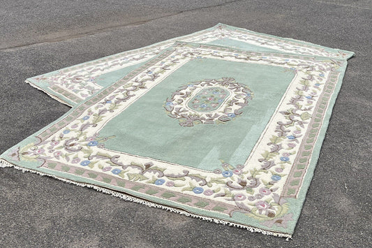 Pair Of Green  & White Rugs, 9x 6 Feet. Handmade With 100 % Wool. Deep Pile.