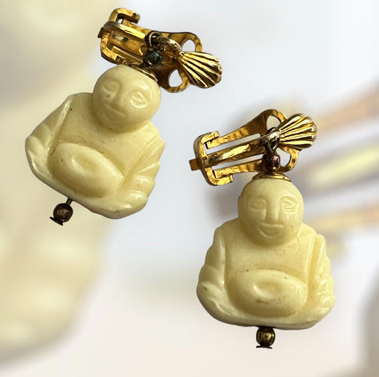 Vintage Celluloid Happy Buddha Clip on Earrings