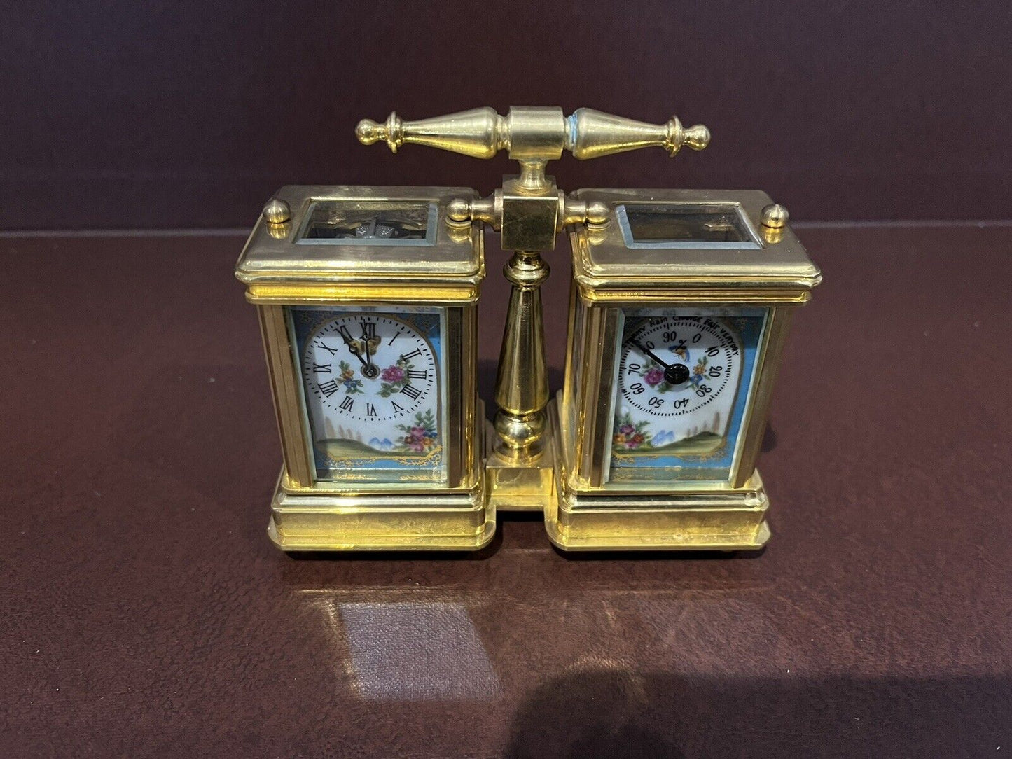 Double Carriage Clock & Barometer, With Decorated Porcelain Panels. With Key