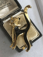 Vintage Gold Tone Black Enamel Winking Cat Brooch