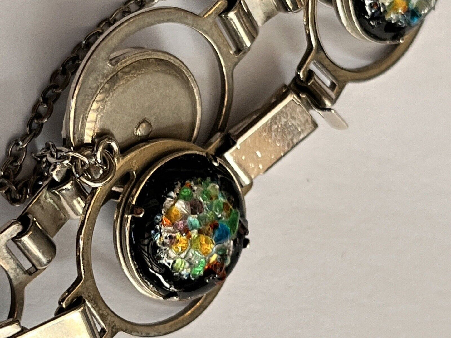 Vintage Multicoloured Glass Silver Tone Bracelet Safety Chain