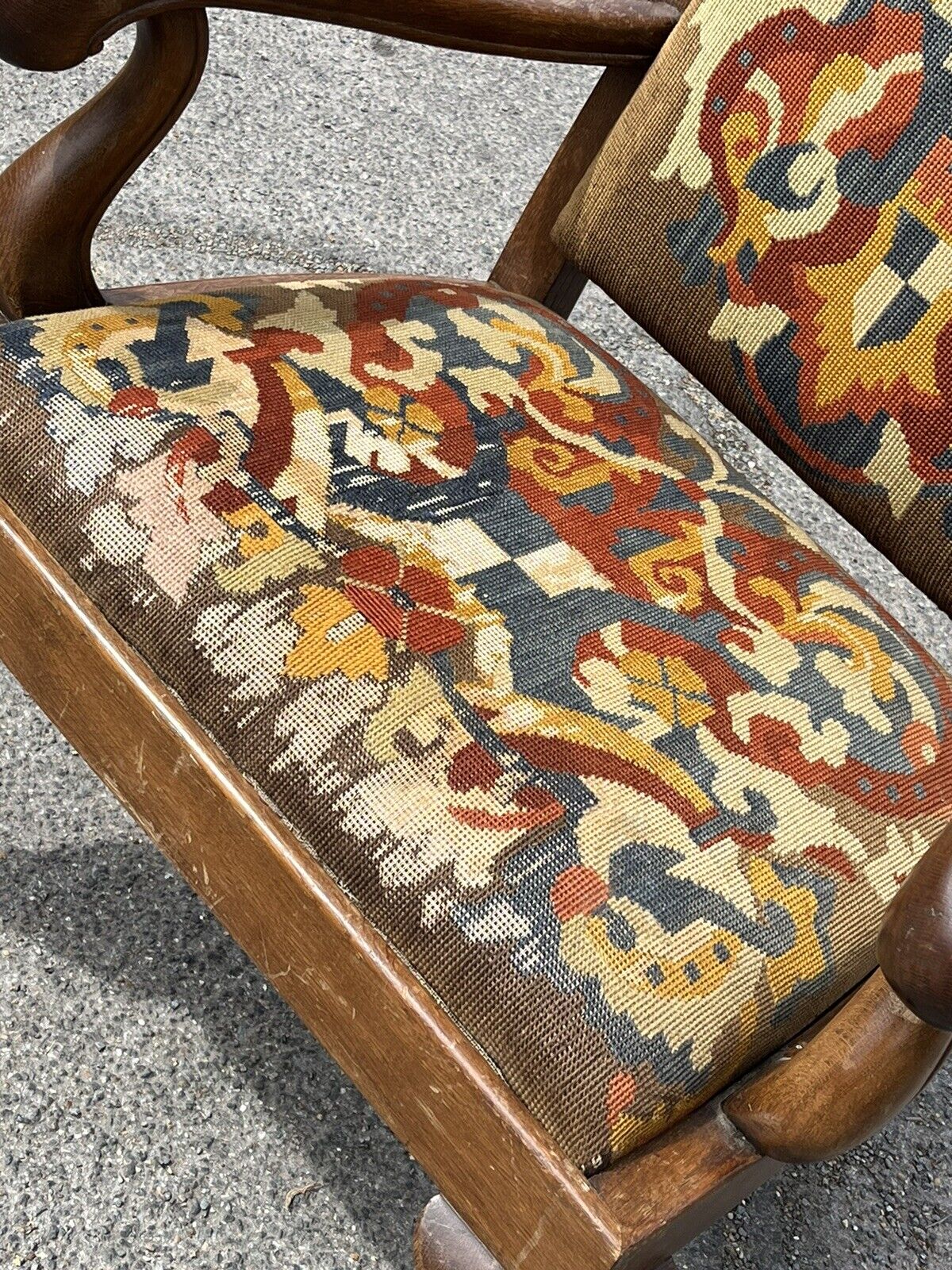 Victorian Oak Gentlemans Library Armchair With Coat Of Arms Tapestry.