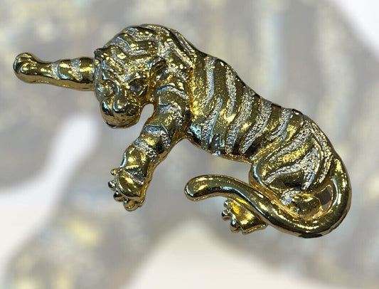 Vintage Gold Silver Tone Tiger Brooch