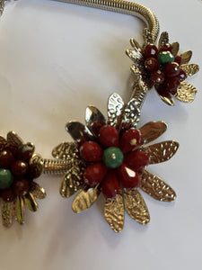 Vintage Statement 1980s Gold Tone Red Flowers Necklace