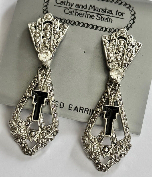 Vintage 1980s Cathy And Marsha For Catherine Stein Marcasite Style Drop Earrings