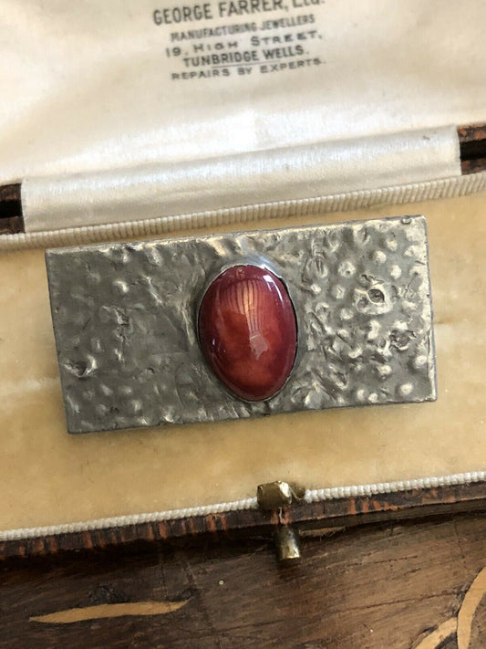 Vintage Arts And Crafts Pewter Red Stone Brooch C Clasp