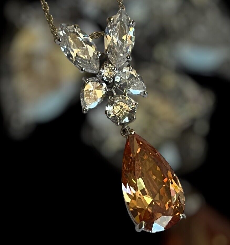 Vintage 1980s Rhodium Plated Orange Teardrop Crystal Necklace New Old Stock