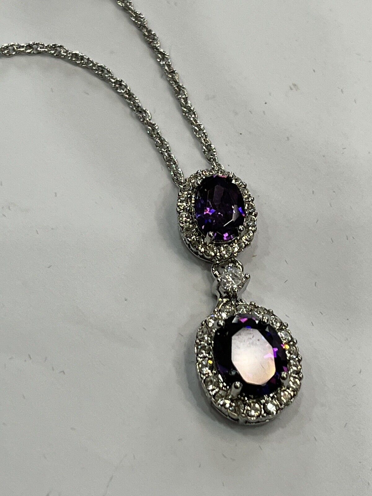 Vintage 1980s Rhodium Plated Purple Crystal Drop Necklace Boxed