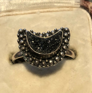 Vintage Sterling Silver Black Diamond Chip Half Moon Ring Size O