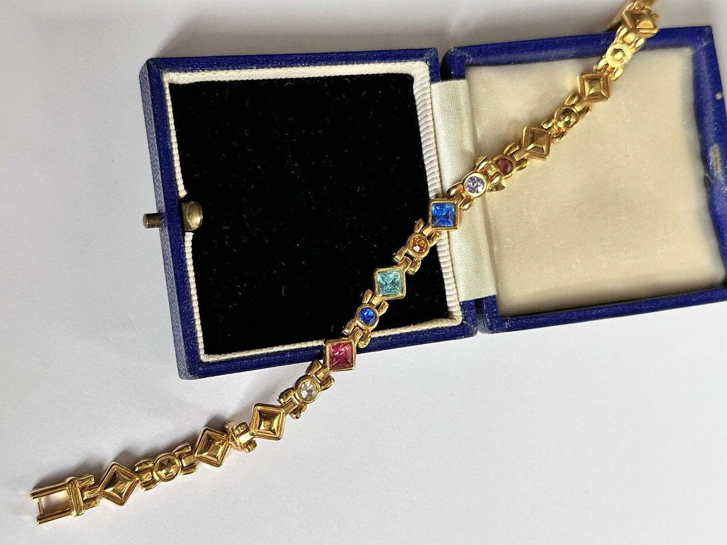 Vintage 1980s Gold Plated Multicoloured Diamanté Link Bracelet 2 Lengths