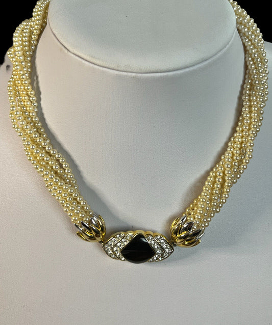 Vintage Multistrand Faux Pearl Black Enamel Front Clasp Necklace