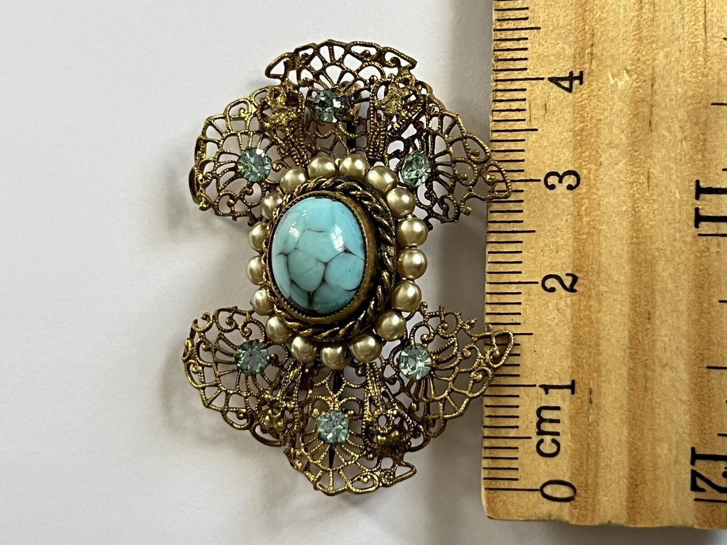 Vintage Gold Tone Filigree Diamanté Faux Turquoise Brooch