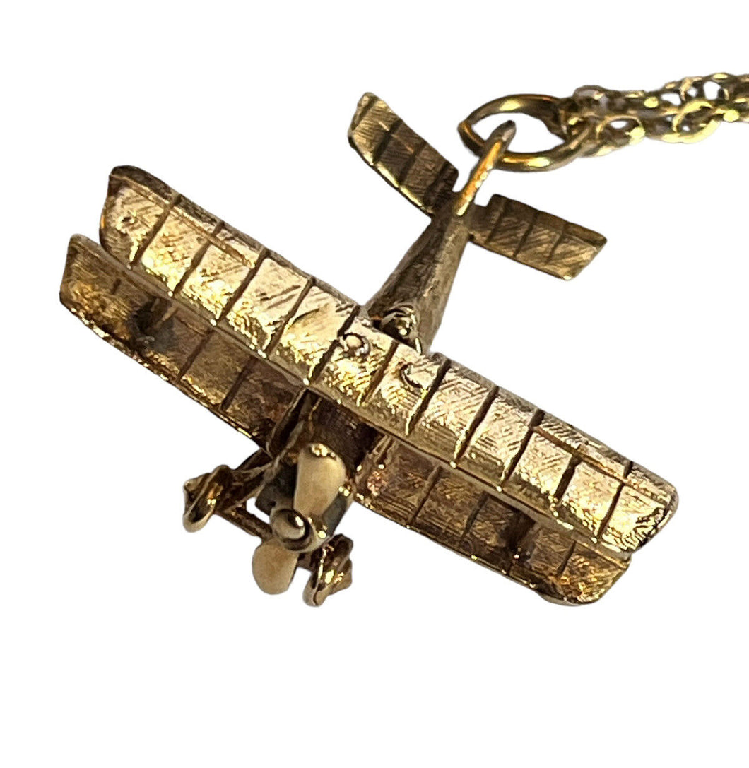 Vintage Unique 9ct Gold Aeroplane Pendant Necklace