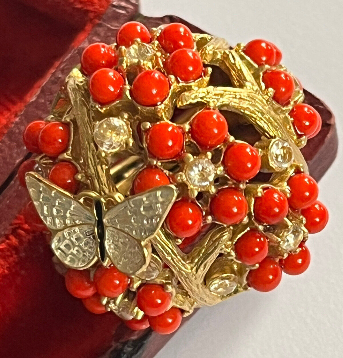 Vintage Gold Tone Orange Bead Diamanté Butterfly Statement Ring