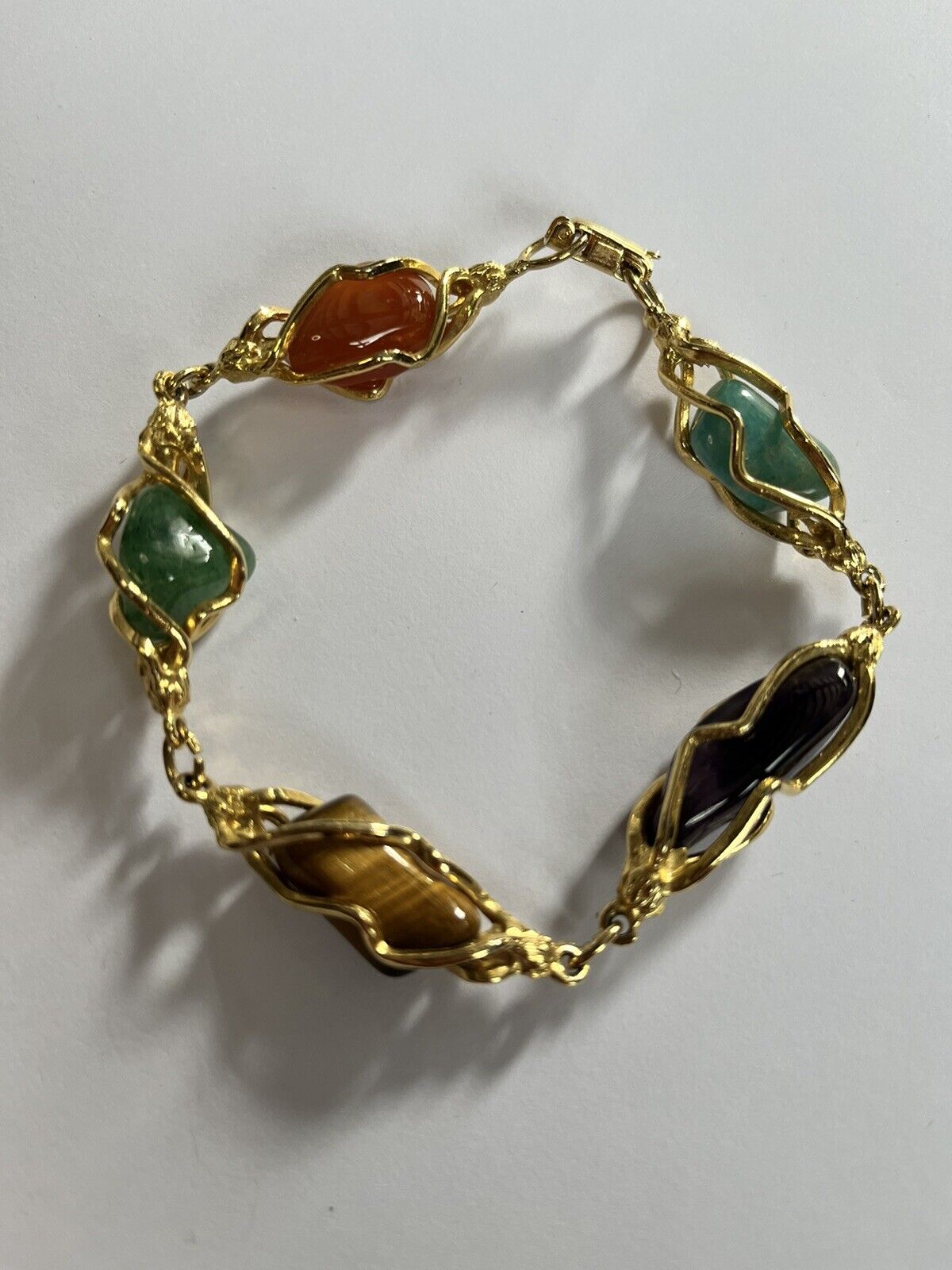 Vintage Gold Plated Natural Stone Amethyst Tigers Eye Jade Bracelet
