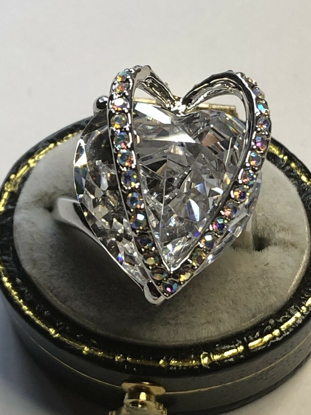 Vintage Rhodium Plated 3D Heart Cubic Zirconia Statement Ring