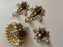 Vintage Faux Pearl Enamel Bee Set Bracelet Brooch Drop Earrings