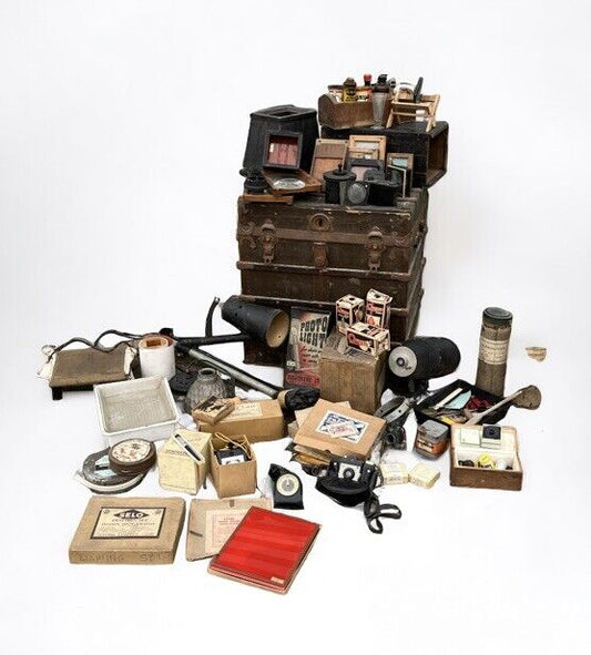 Vintage Photography Equipment In A Large Wooden Steamer Trunk