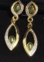 Vintage 1980s Statement Diamanté Green Enamel Drop Clip On Earrings
