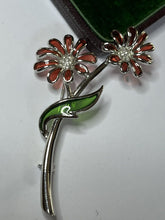 Vintage Silver Tone Plaque A Jour Red Flowers Brooch