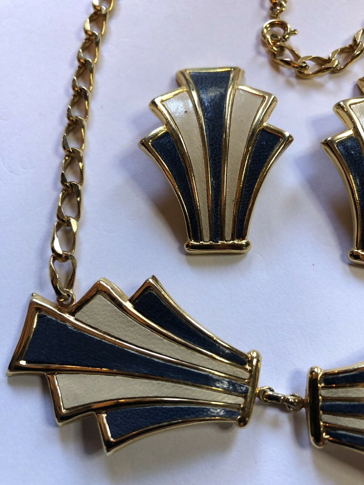 Vintage Blue And White Striped Gold Tone Necklace And Clip On Earring Set