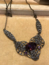 Vintage Detailed Metal Work And Purple Stone Necklace