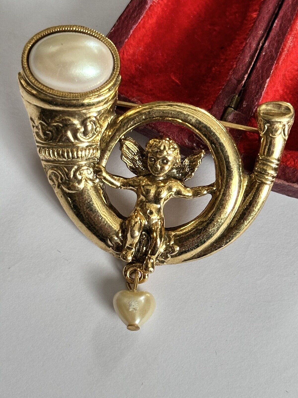 Vintage Gold Tone Faux Pearl Cherub Heart Brooch