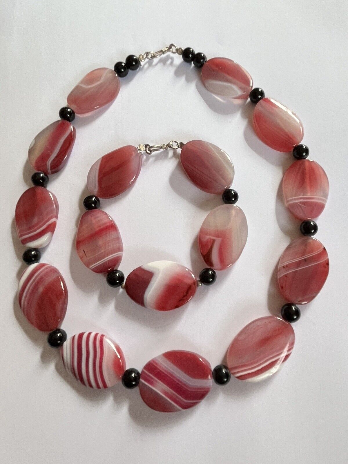 Vintage Pink Agate Stone Necklace Bracelet Set Statement Pieces