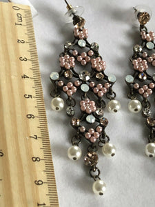 Vintage Faux Pearl Diamanté Drop Earrings Statement Runway
