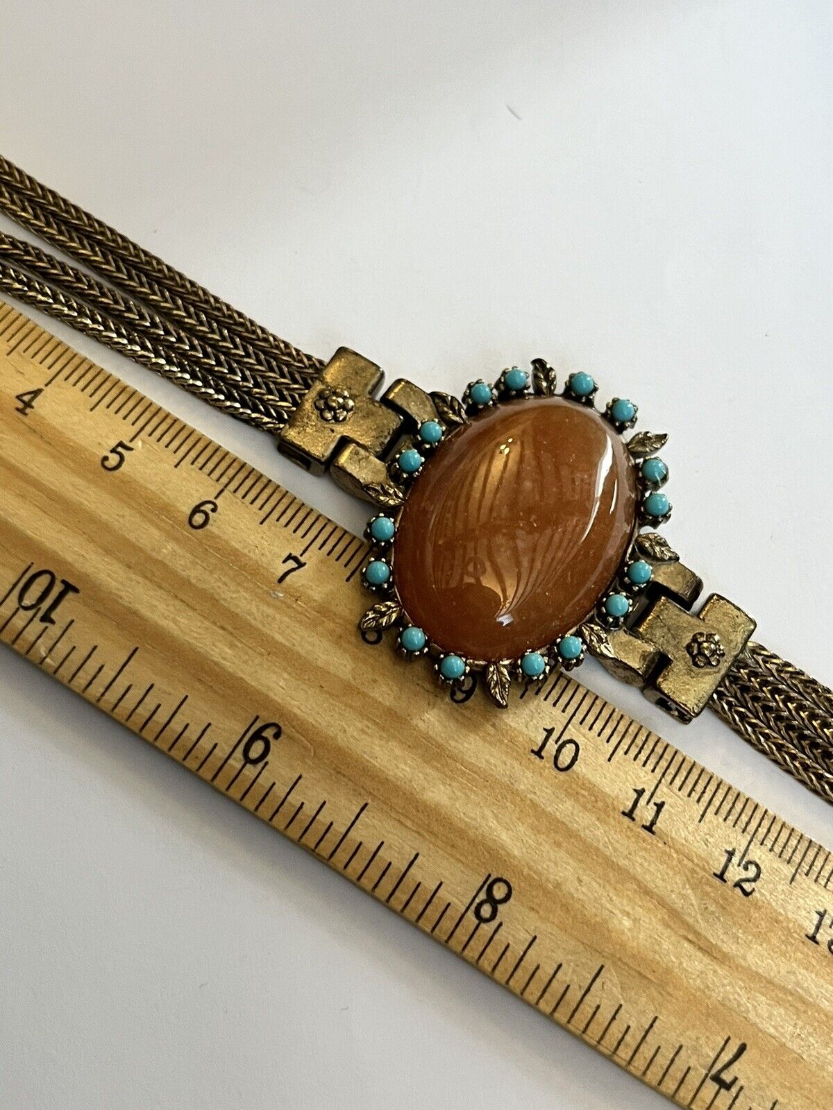 Vintage Gold Tone Orange Stone Faux Turquoise Statement Bracelet
