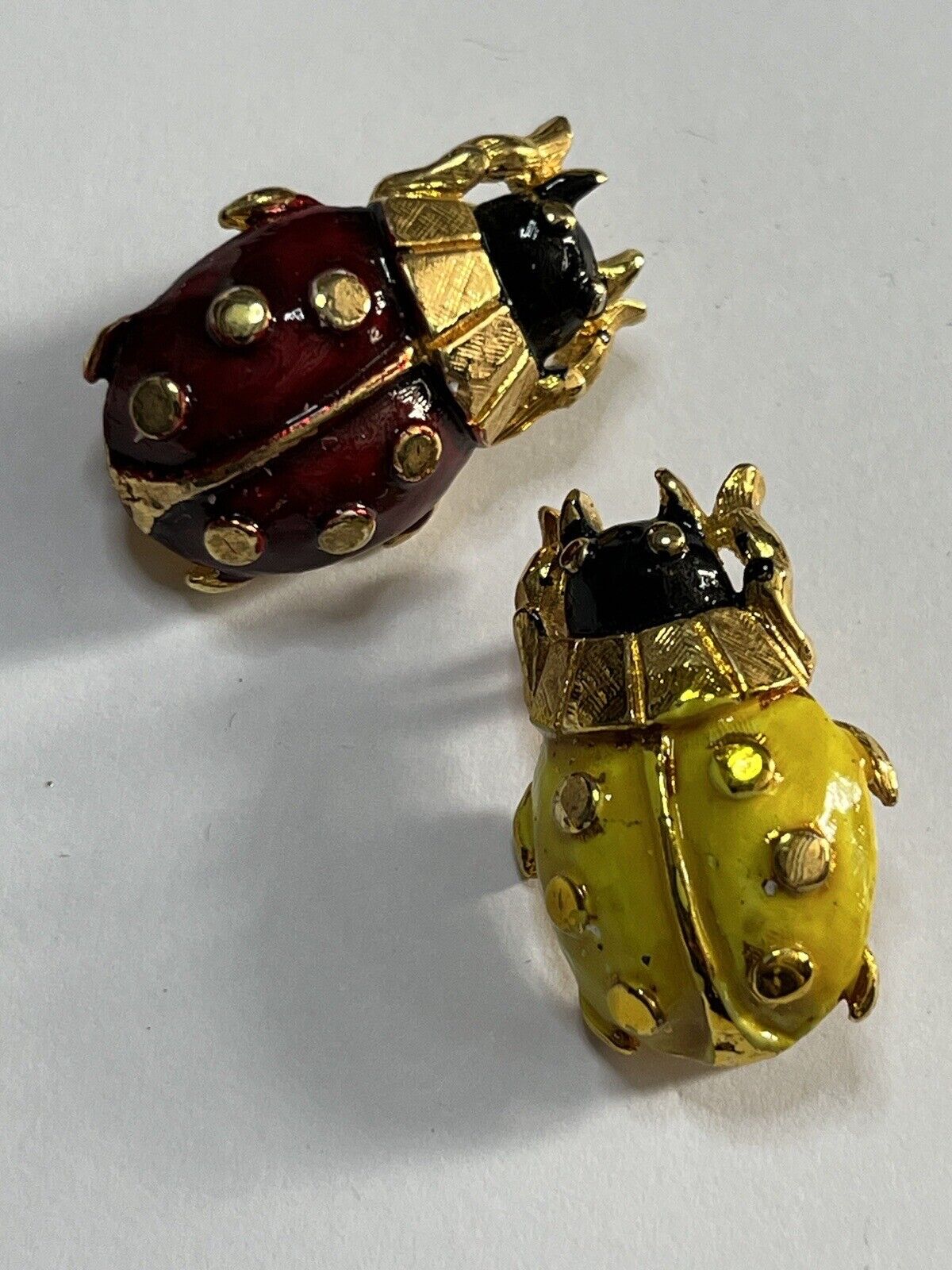 Vintage Ladybird Red Yellow Enamel Set Of 2 Brooches