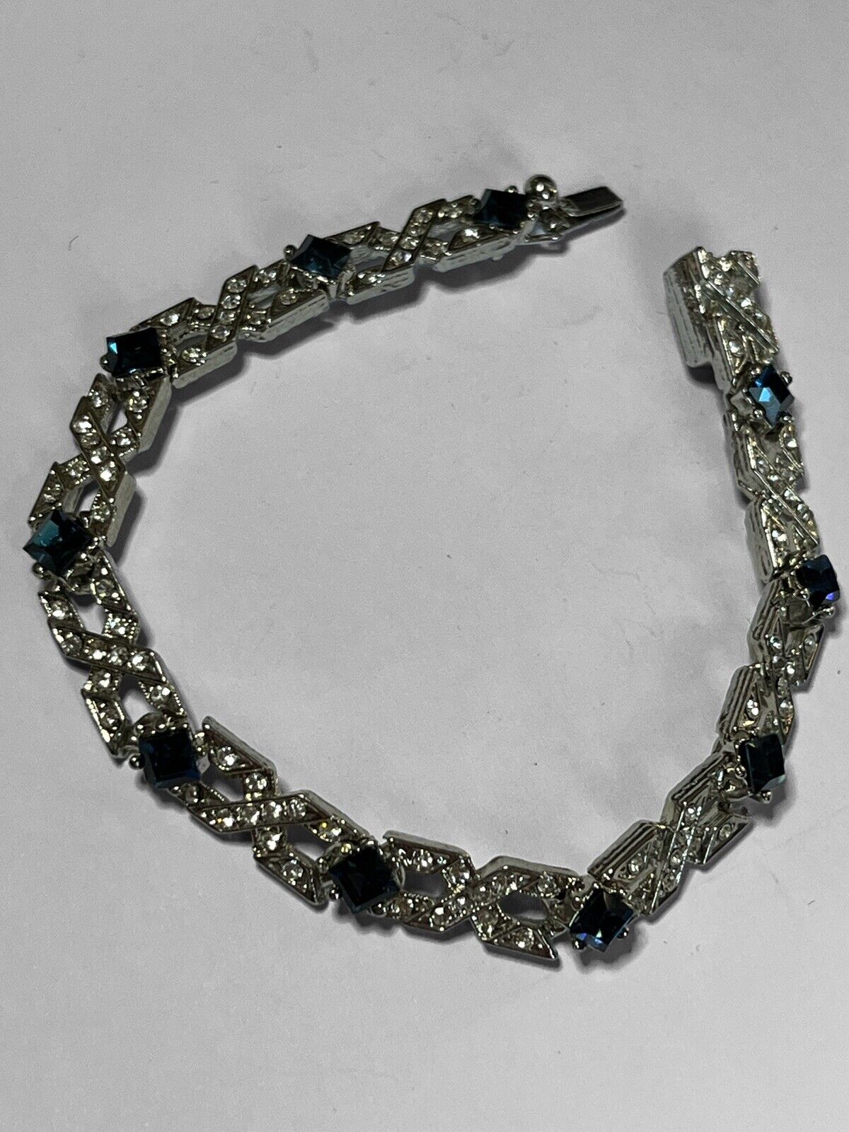 Vintage Silver Tone Clear Blue Diamanté Bracelet